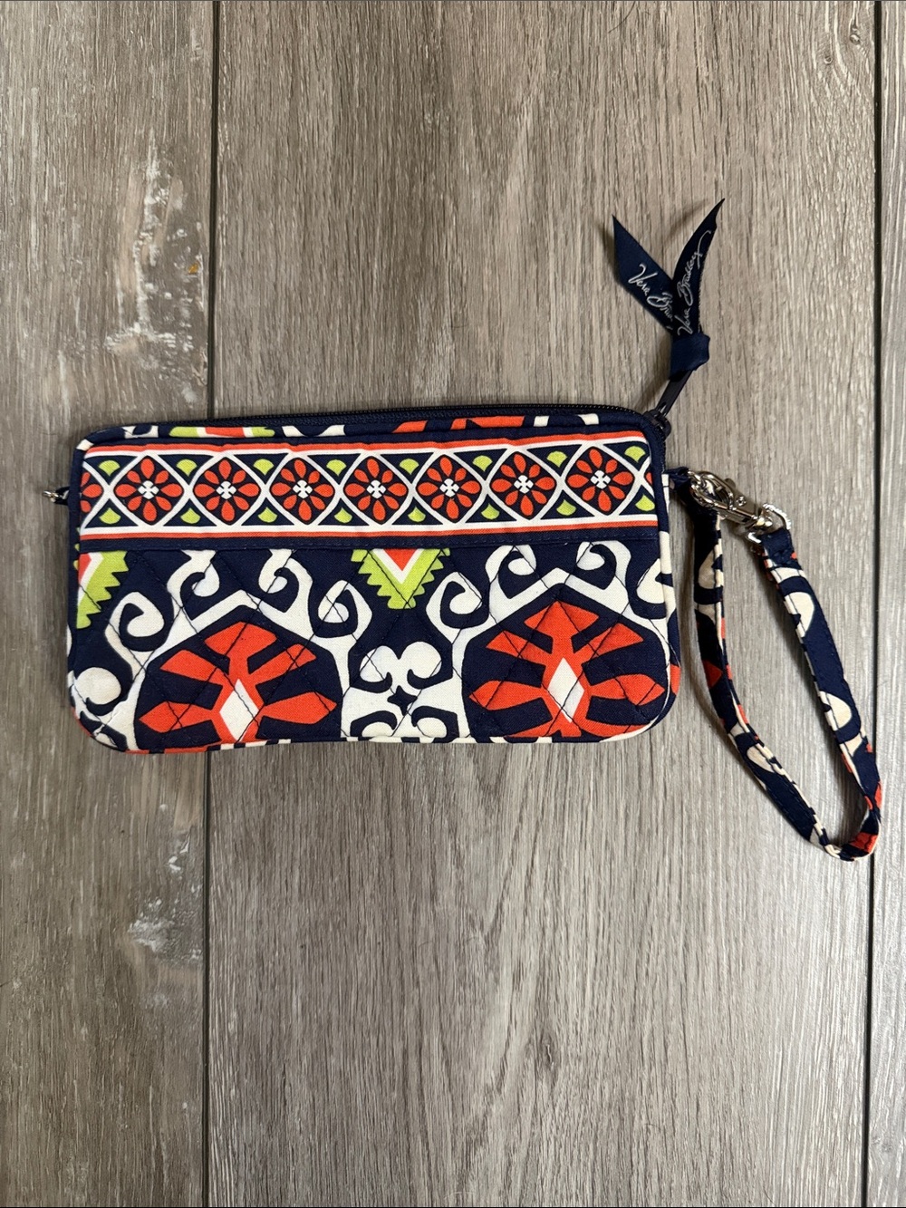 Vera Bradley Navy Floral-Print Quilted Wristlet with Red and Lime Accents